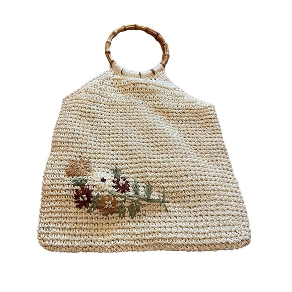 Faded Glory Boho Minimal Crochet Tote Purse with Wood Bamboo Handles & Flowers - Picture 3 of 8